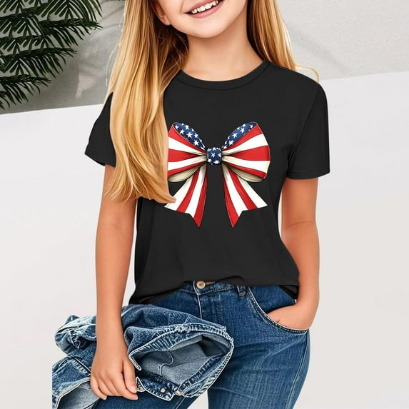 MKOSPLRT 4th of July Shirts Girl's Short Sleeve USA Star Stripes Fourth July Tee Shirts Crew Neck Patriotic Tshirts for 2-13 Years