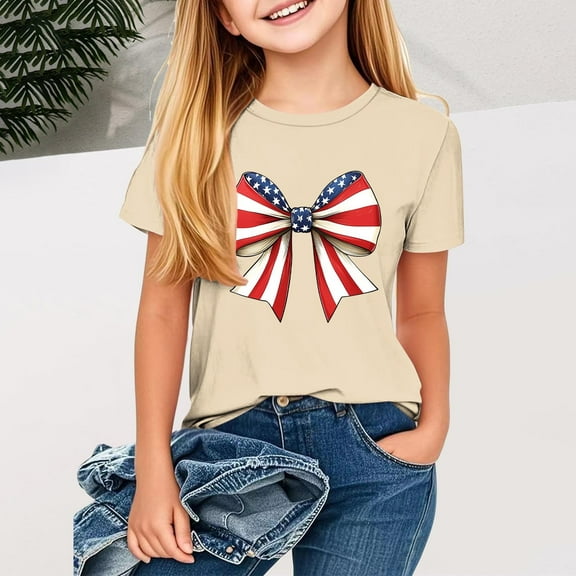 MKOSPLRT 4th of July Shirts Girl's Short Sleeve USA Star Stripes Fourth July Tee Shirts Crew Neck Patriotic Tshirts for 2-13 Years