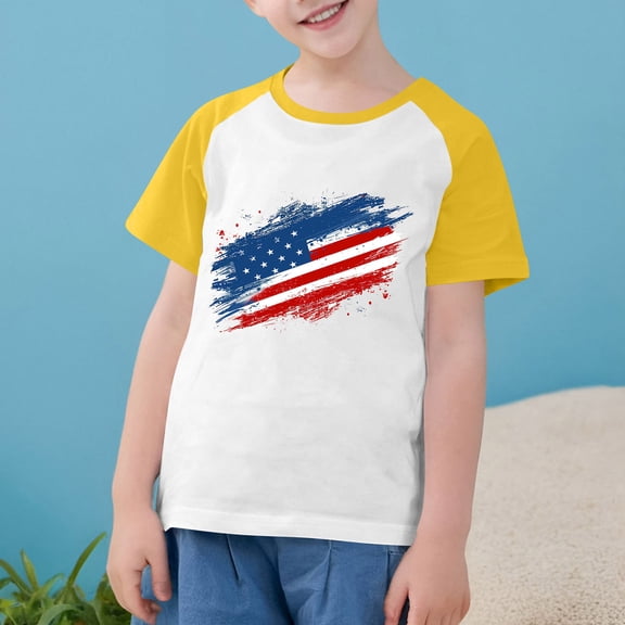 MKOSPLRT 4th of July Shirts Girls Boys Toddler American Flag Shirts Short Sleeve Crew Neck Raglan Shirts Color Block Memorial Day Gifts Tees
