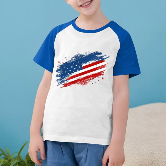 MKOSPLRT 4th of July Shirts Girls Boys Toddler American Flag Shirts Short Sleeve Crew Neck Raglan Shirts Color Block Memorial Day Gifts Tees