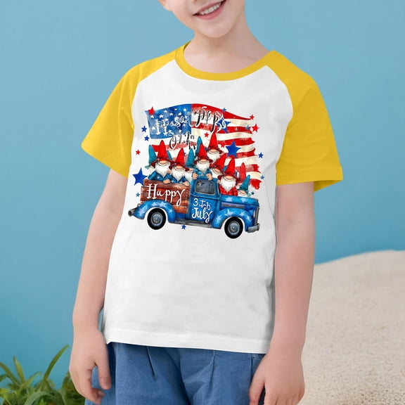 MKOSPLRT 4th of July Shirts Girls Boys Toddler Short Sleeve Gnome Graphic Tees Crew Neck Color Block USA Flag Tshirts Summer Raglan Shirts