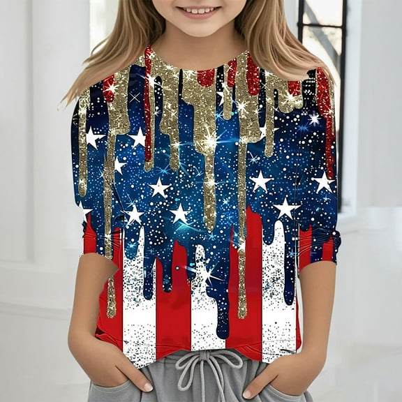 MKOSPLRT 4th of July T Shirt Kids 3-12 Years Sparkly 3/4 Sleeve Crew Neck Shirts Casual Independence Day Graphic Tees Gifts for Kid