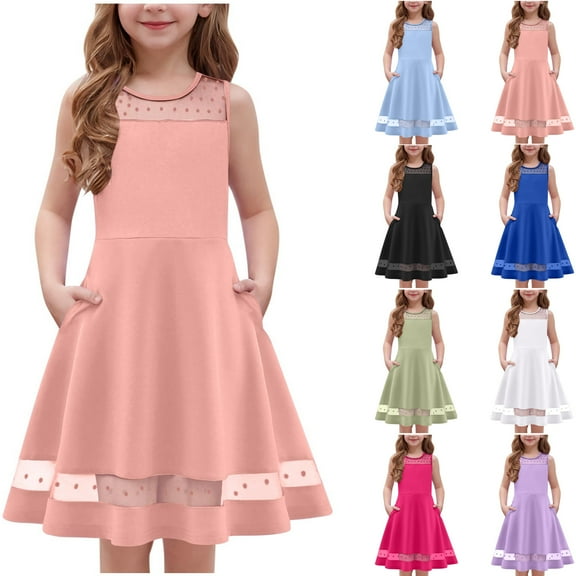 MKOSPLRT 5-13 Years Flower Girl Princess Dresses Sleeveless Crew Neck Mesh A Line Dresses Solid Flowy Cocktail Dresses with Pocket
