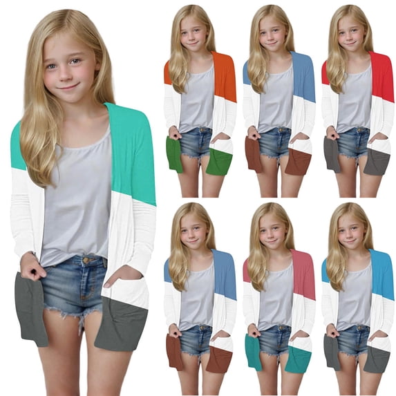 MKOSPLRT 5-14 Years Girls Color Block Print Long Sleeve Open Front Cardigan Casual Button Down Knee Length Coat with Pockets