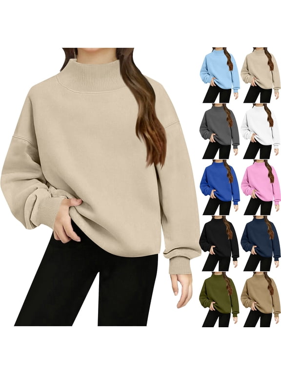 5-14 Years Girls Mock Neck Sweatshirt Long Sleeve Solid Pullover Casual Fall Winter Top No Hood