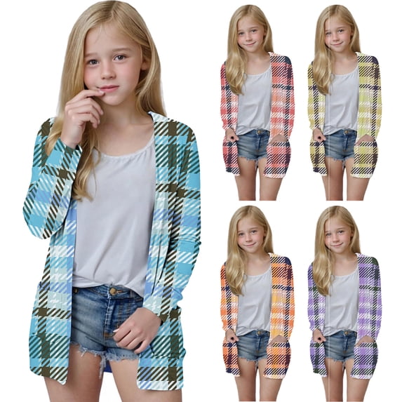 MKOSPLRT 5-14 Years Girls Plaid Print Long Sleeve Open Front Cardigan Casual Button Down Knee Length Coat with Pockets