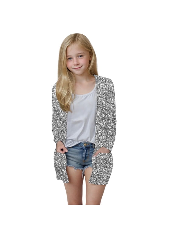5-14 Years Girls Sequin Glitter Print Long Sleeve Open Front Cardigan Casual Sparkly Knee Length Coat with Pockets