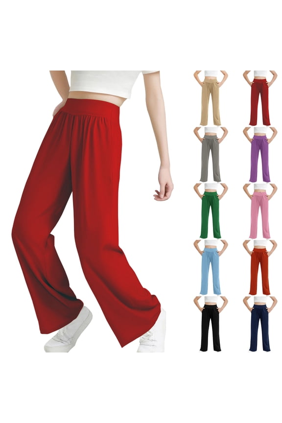 5-14 Years High Waist Yoga Pants for Girl Solid Baggy Straight Wide Leg Pants Lightweight Summer Palazzo Pants Kids Clothes