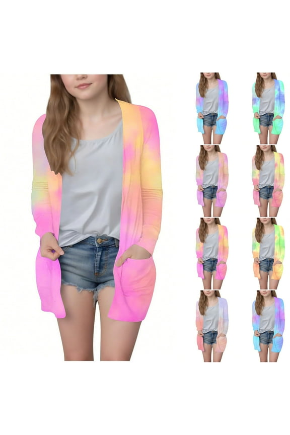 5-14Y Long Cardigans for Girl Tie Dye Fall Cardigan Sweaters Open Front Long Sleeve Lightweight Cardigan Jacket with Pocket