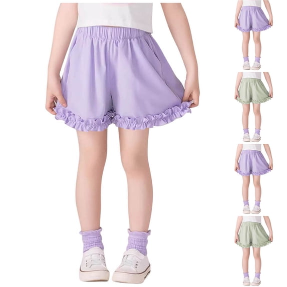 MKOSPLRT 5-15 Years Casual Shorts for Girl High Elastic Waist Summer Shorts Solid Baggy Wide Leg Shorts Cute Ruffle Trim Shorts with Pocket