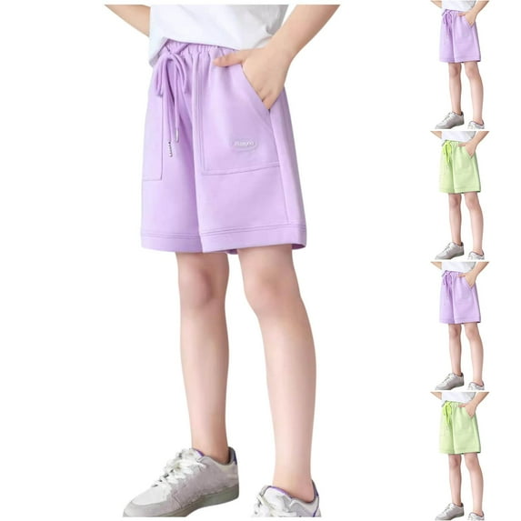 MKOSPLRT 5-15 Years Elastic Waist Shorts for Kid Solid Athletic Bermuda Shorts Baggy Lounge Knee Length Shorts Joggers with Pocket