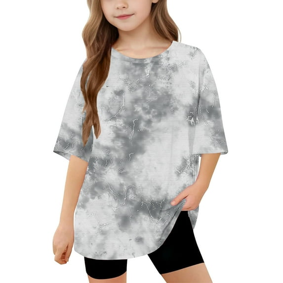 MKOSPLRT 5-15 Years Girl's Tie Dye Tops Short Sleeve Oversized Tees Crew Neck Drop Shoulder Tshrits Casual Back to School Tee Shirts