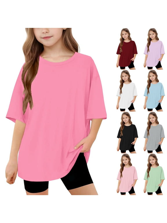 5-15 Years Kid's Oversized T Shirts Short Sleeve Running Shirts Crew Neck Drop Shoulder Tees Solid Color Summer Shirts