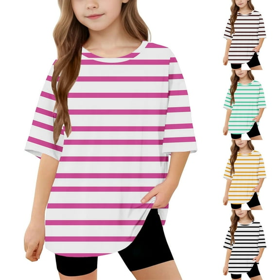 MKOSPLRT 5-15 Years Oversized Tops for Girl Striped T Shirts Short Sleeve Drop Shoulder Shirts Crew Neck Loose Fit Tees Summer Tshirts