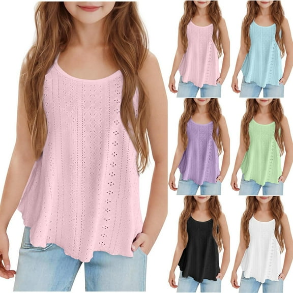 MKOSPLRT 5-15 Years Spaghetti Strap Camisole for Kids Scoop Neck Eyelet Embroidery Tunic Tanks Solid Flowy Irregular Hem Camis for Girl