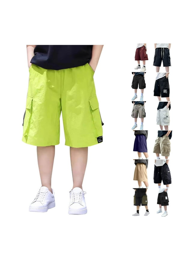 5-16 Years Elastic Waist Shorts for Boy Baggy Bermuda Cargo Shorts Solid Lightweight Knee Length Shorts with Pockets