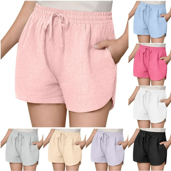 MKOSPLRT 5-16 Years Linen Summer Shorts for Kid Elastic Waist Casual Shorts Solid Color Lightweight Beach Shorts with Pocket