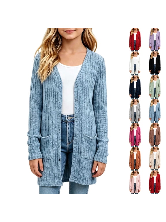 5-16 Years Open Front Long Cardigan Girls Button V Neck Long Sleeve Ribbed Knit Jackets Lightweight Soft Outerwear with Pocket