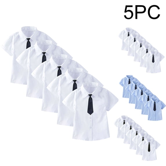 MKOSPLRT 5 Pack Boys Girls Short Sleeve Dress Shirts Kids Button Down Shirt Solid Soft Stretch with Tie Set Back to School Tops Black 10-11 Years/150