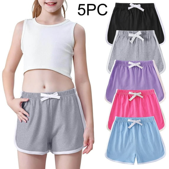 MKOSPLRT 5 Pack Running Shorts for Kids Todlder Waist Track Shorts Baggy Workout Yoga Shorts Solid Color Activewear for 12M-11Years