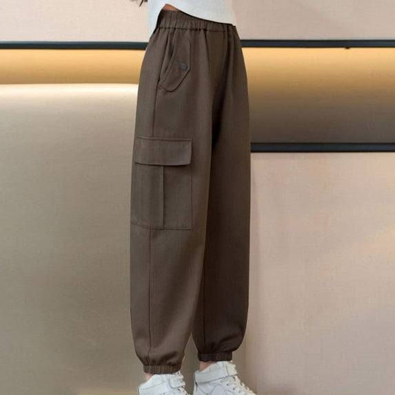 MKOSPLRT 7-13 Years Girl's Cargo Pants High Waist Baggy Wide Leg Pants Trendy Cinch Bottom Running Pants Solid Lounge Streetwear Pants with Pocket