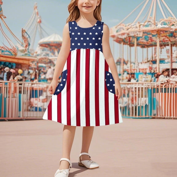MKOSPLRT American Flag Dress for Kids Girls Sleeveless Crewneck A Line Midi Dress 4th of July Holiday Party Dress with Pocket