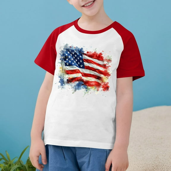 MKOSPLRT American Flag Shirt Toddler Kids Boys Girls Patriotic Short Sleeve Raglan Shirts Crew Neck Red White and Blue Tee Shirts 3-14Y