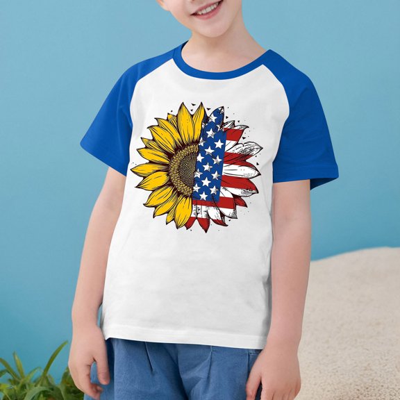 MKOSPLRT American Flag Sunflower Shirts Kids Boys Girls Short Sleeve 4th of July Tshirts Crew Neck Raglan Shirts Summer Holiday Graphic Tees