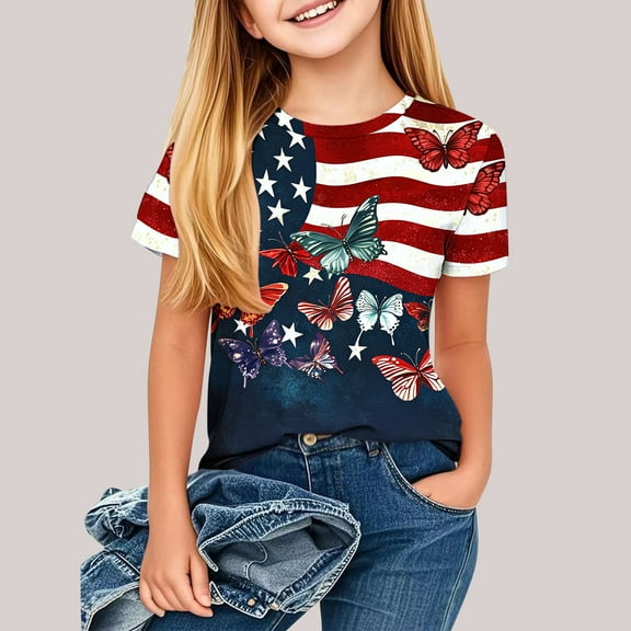 MKOSPLRT American Flag T Shirts Toddler Girl Boy 3-14 Years July 4th Short Sleeve Crew Neck Cute Shirts USA Flag Tee Shirt Kids Clothes