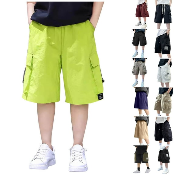 MKOSPLRT Athletic Cargo Shorts for Boy 5-16 Years Elastic Waist Baggy Straight Wide Leg Shorts Solid Casual Running Shorts with Pocket