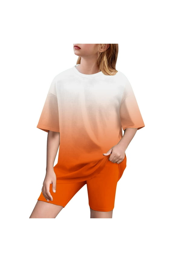 Athletic Sets for Boys Girls Oversized Gradient Sports Outfits 2 Piece Short Sleeve Tops and Stretchy Biker Shorts 5-15 Years
