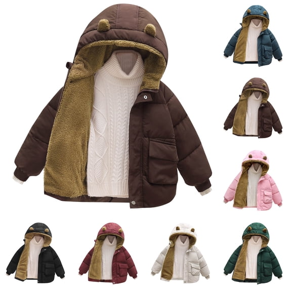 MKOSPLRT Baby Coat 0-7T Winter Clothes Toddler Boy Girl Fleece Lined Jacket Solid Warm Thicken Outerwear with Ear Hooded Pocket