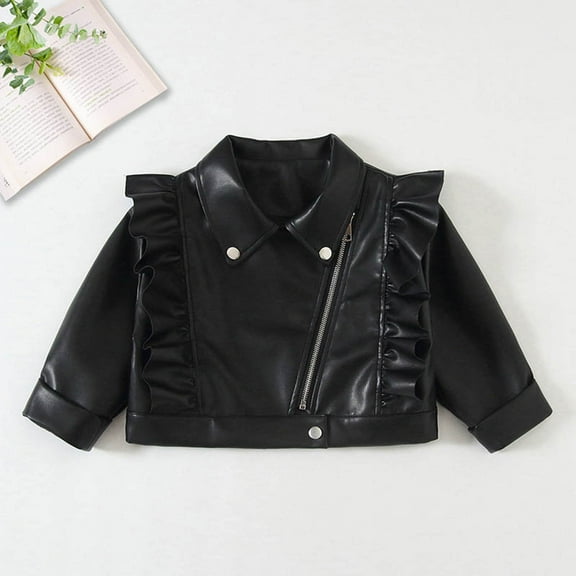 MKOSPLRT Baby Girl Faux Leather Motorcycle Jacket Cute Ruffle Spring Fall PU Coat Oblique Zipper Biker Jacket Outwear 2-14 Years