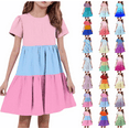 thumbnail image 1 of MKOSPLRT Babydoll Dress for Kids 4-15 Years Short Sleeve Crew Neck Tiered Dress Cute Color Block Swing A Line Dresses for Summer Beach, 1 of 5