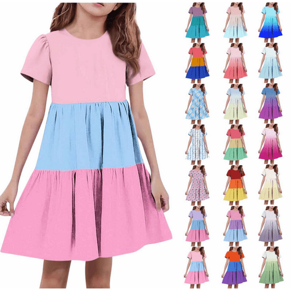 MKOSPLRT Babydoll Dress for Kids 4-15 Years Short Sleeve Crew Neck Tiered Dress Cute Color Block Swing A Line Dresses for Summer Beach