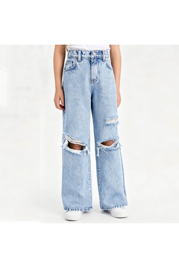 Baggy Jeans for Girls Wide Leg Ripped Distressed Jeans High Elastic Waisted Denim Pants Retro Y2K Streetwear with Pocket 6-13Y