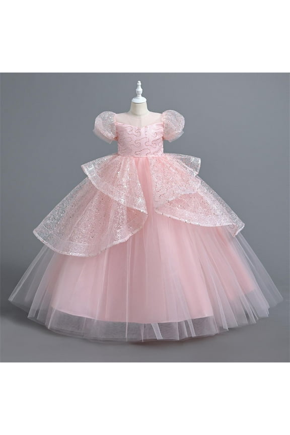 Ball Gowns for Girls 7-13 Years Puff Sleeve Mesh Wedding Dress High Waist Lace Tiered Tutu Princess Dress Solid Formal Maxi Dresses
