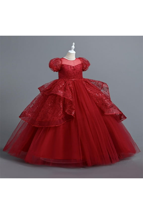 Ball Gowns for Girls 7-13 Years Puff Sleeve Mesh Wedding Dress High Waist Lace Tiered Tutu Princess Dress Solid Formal Maxi Dresses