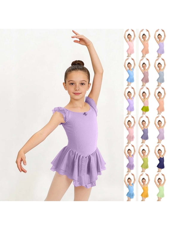 Ballet Leotards for Girls Toddler Dance Ballet Leotard with Skirt Ballerina Dresses Tutu Outfits Flutter Sleeve Gymnastics Purple 12-13 Years