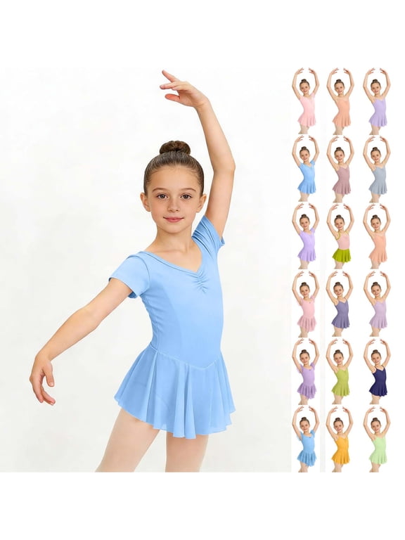 Ballet Leotards for Girls Dance Leotard with Skirt Toddler Ballet Outfit Short Sleeve V Neck Tutu Dress Gymnastics Blue 7-8 Years