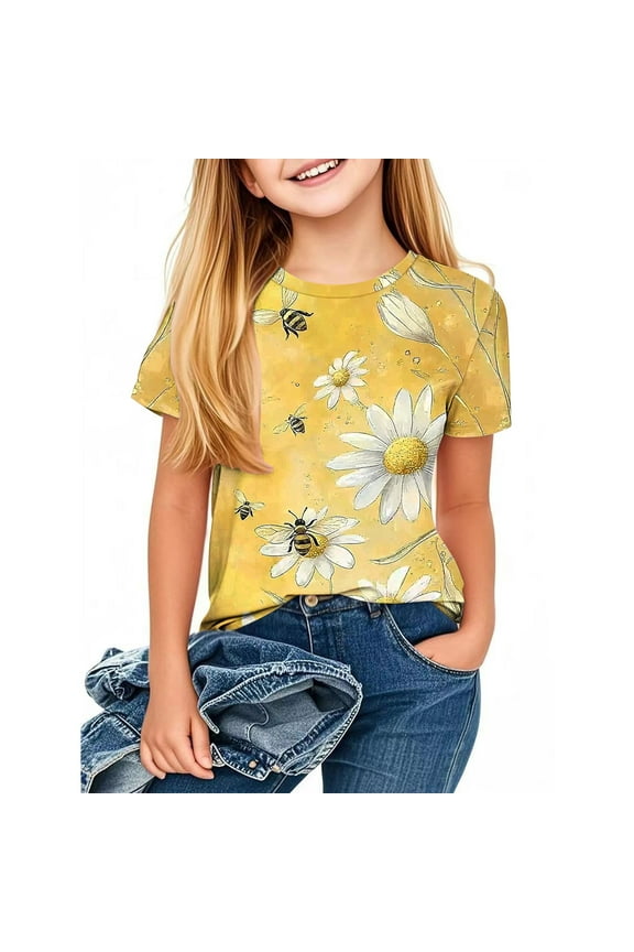 Bee Graphic Tops for Kid Toddler Girl Short Sleeve Sunflower Shirts Crew Neck Funny Inspirational Casual Tees Summer T Shirts 3-14 Years