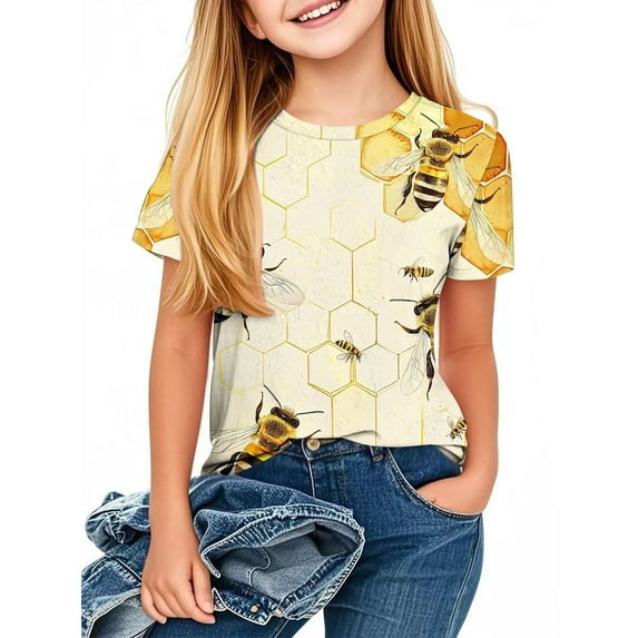 MKOSPLRT Bee Shirts for Kids 3-14 Years Crew Neck Short Sleeve Cute Tops Funny Inspirational Casual Tees Sunflower Shirts for Little Girl