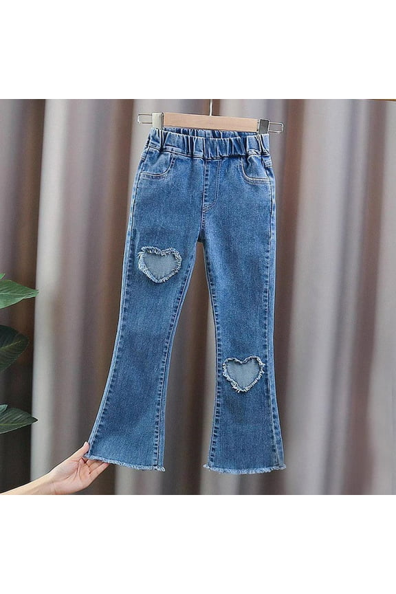 Bell Bottom Jeans for Girl Elastic Waist Bootcut Jeans Trendy Love Heart Ripped Denim Pants Solid Flare Jeans with Pocket 3-14 Years