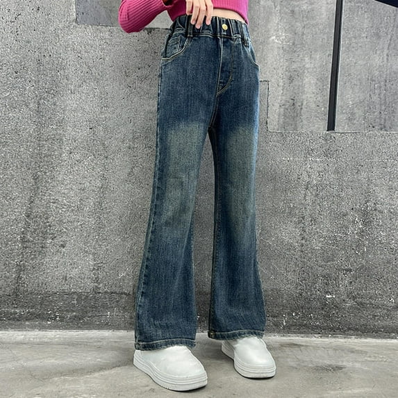 MKOSPLRT Bell Bottom Jeans for Girl Elastic Waist Flare Jeans Distressed Boot Cut Denim Pants Retro Jeans with Pockets Kids Clothes