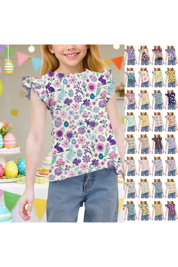 Big Girls' Easter Floral Flutter Sleeve Tee Breathable Summer Blouse for Tweens 6 Years