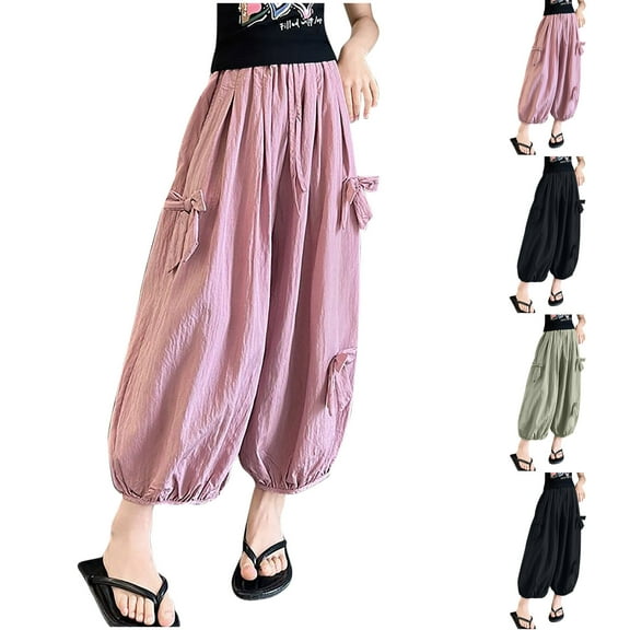 MKOSPLRT Bloomers for Girl 4-14 Years Elastic Waist Bow Harem Cropped Pants Solid Cotton Linen Wide Leg Pants Lightweight Boho Pants