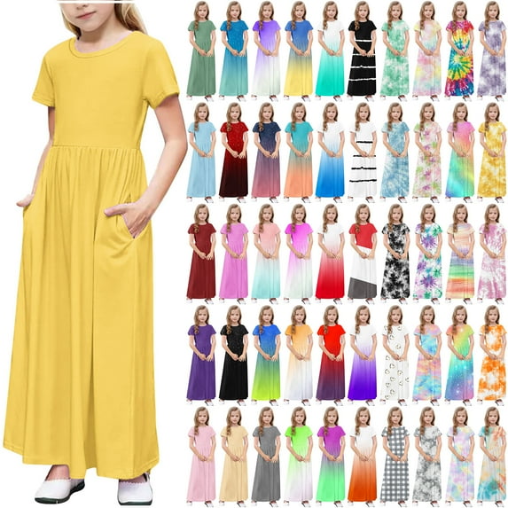 MKOSPLRT Boho Dresses for Girl 2025 Tie Dye Short Sleeve A Line Dress Crew Neck Summer Maxi Dress Casual Beach Party Dress with Pocket