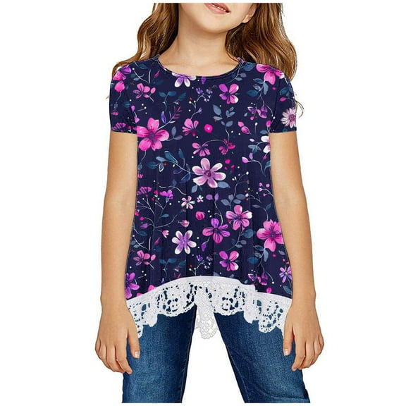 MKOSPLRT Boho Tops for Girl Short Sleeve Lacce Tunic Shirts Round Neck Floral Print T Shirts Vintage Holiday Blouses Gifts for Kid