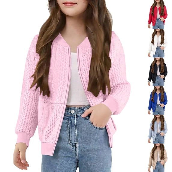 MKOSPLRT Bomber Jackets for Girl 5-14Y Full Zip Cable Textured Fall Sweatshirts Long Sleeve Solid Jacket Coats with Pocket