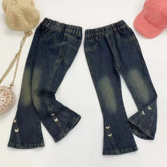 MKOSPLRT Boot Cut Jeans for Toddler Girl Elastic Waist Flare Jeans Retro Bell Bottom Jeans Baggy Wide Leg Denim Pants Cute Bow Jeans with Pocket
